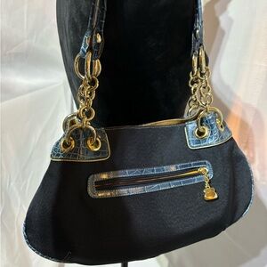 Kathy Van Zeeland Navy Canvas Faux Croc Double Strap Satchel Shoulder Bag Y2K